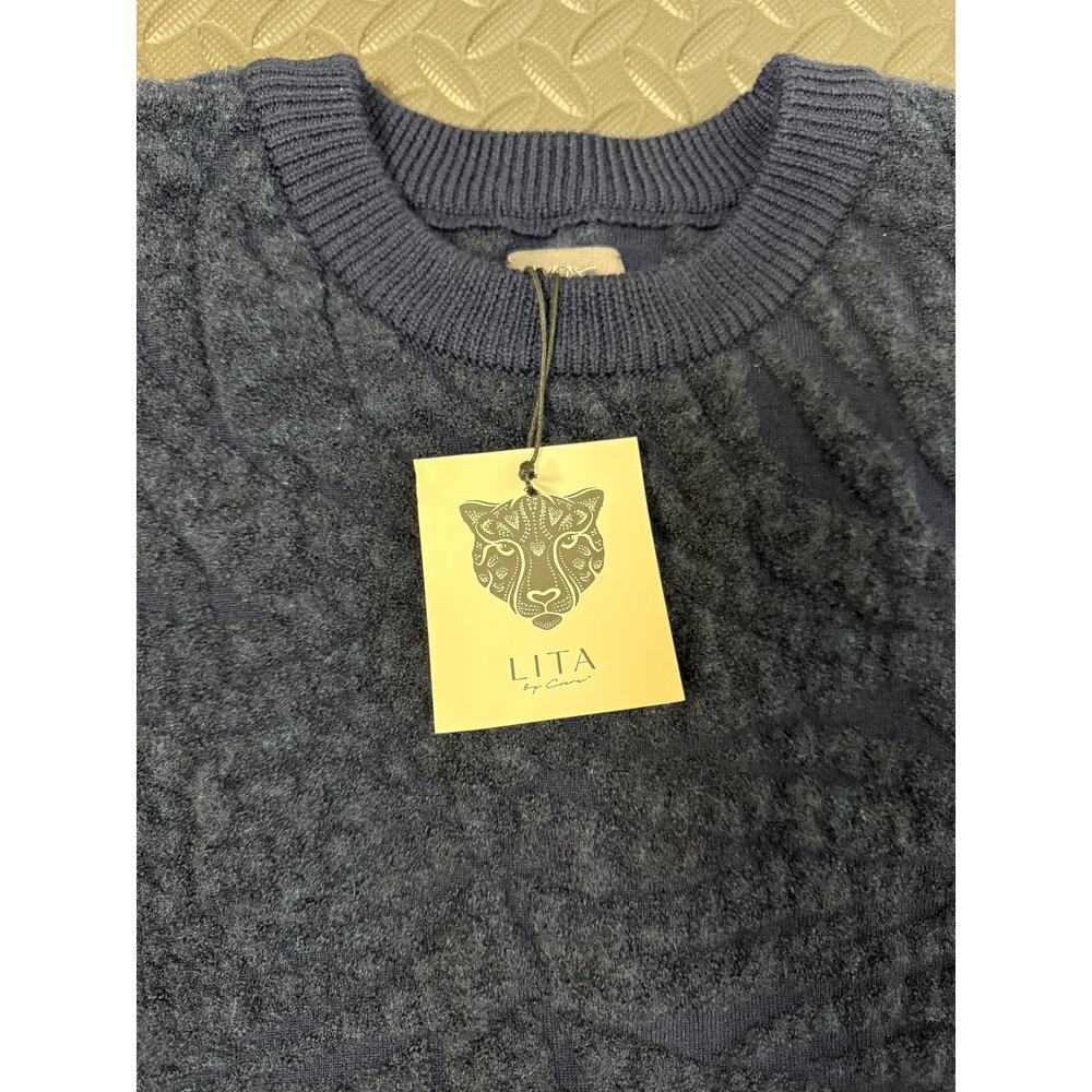 LITA by Ciara Navy Blue Tiger Jacquard Sweater NWT Textured Animal Knit Pullover - Picture 5 of 9